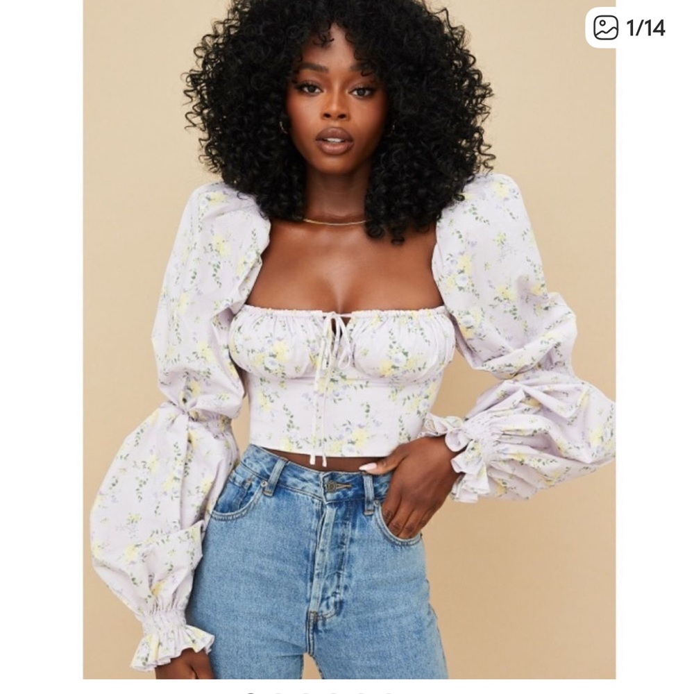 HOUSE OF CB MILLICENT Pink/Purple Floral Printed Cropped Corset Puff Sleeve Top